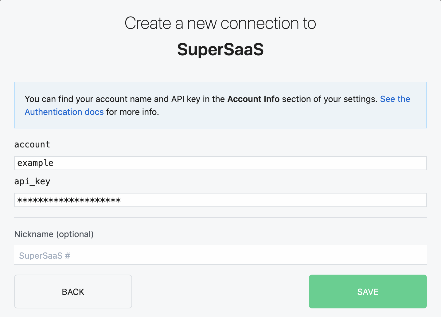 Pipedream dialog screenshot showing a form for the creation of a new connection to an example SuperSaaS account
